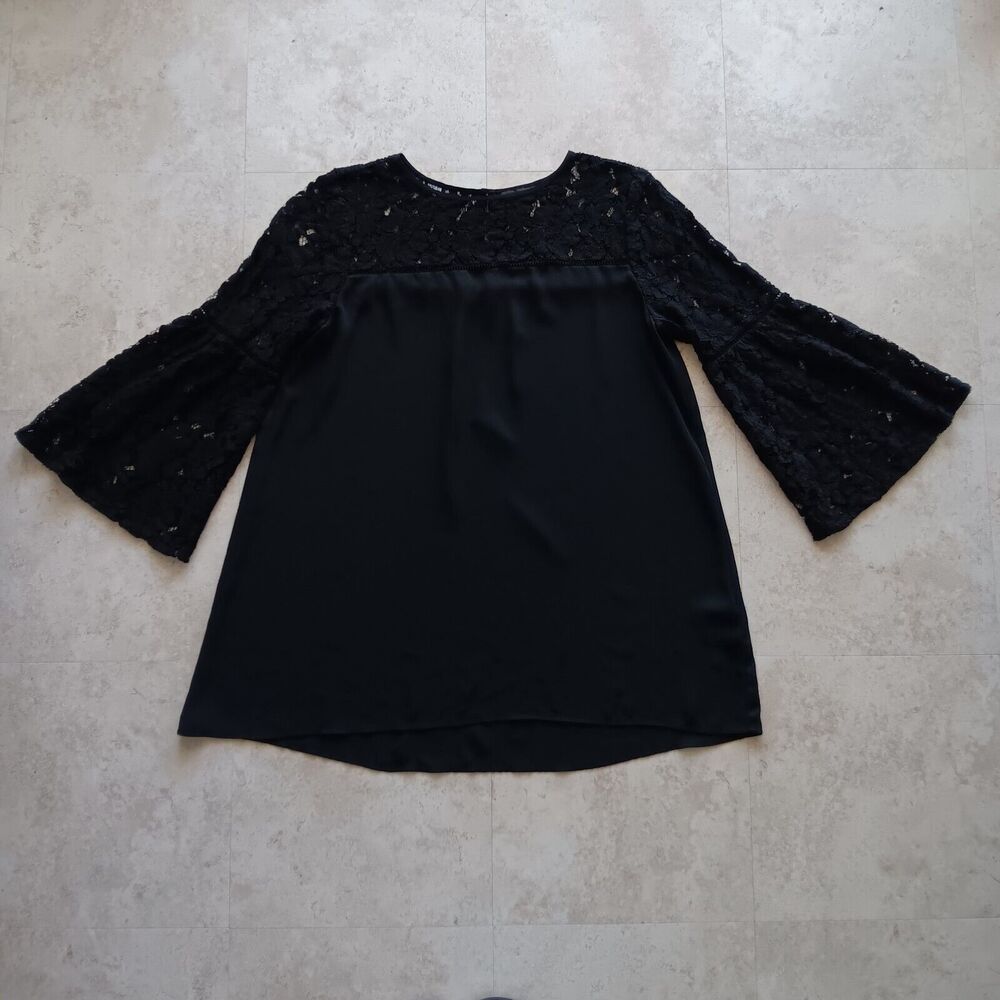 Halogen Women's Size Medium Top Whimsygoth Black Lace & Crepe Bell Sleeve Blouse
